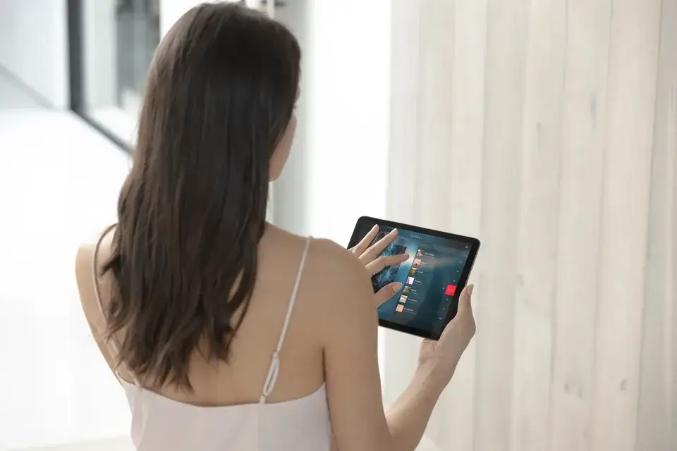 Premium living room with whole-home audio and theater